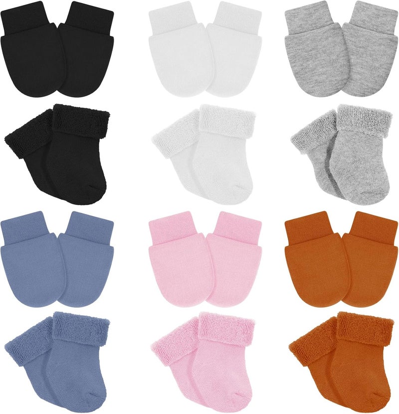 Breathffy 6 Pack Preemie Mittens and Socks Set Newborn Baby Mittens and Socks Set No Scratch Preemie Gloves Cotton for Boys Girls - Image 1
